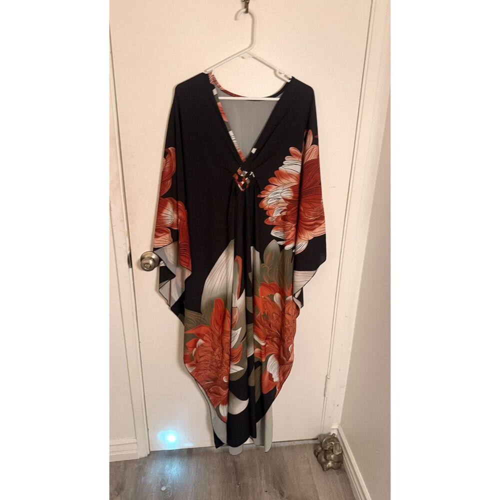 Woven Bust V Neck Floral Kaftan Maxi Dress Rust Orange Chrysanthemum Batwing